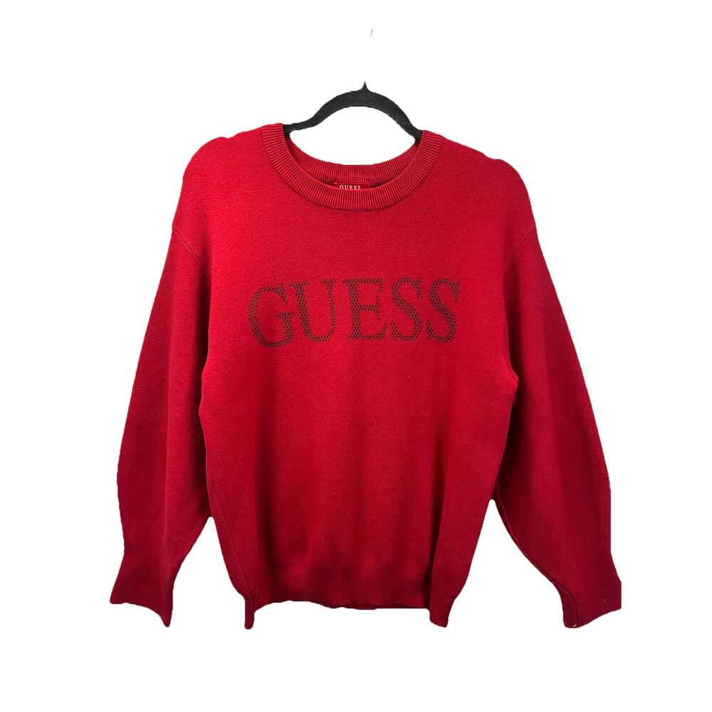 Guess Women’s Long Sleeve Red Logo Sweater Sz M Y2K Preppy Raised Logo EUC - Picture 2 of 8